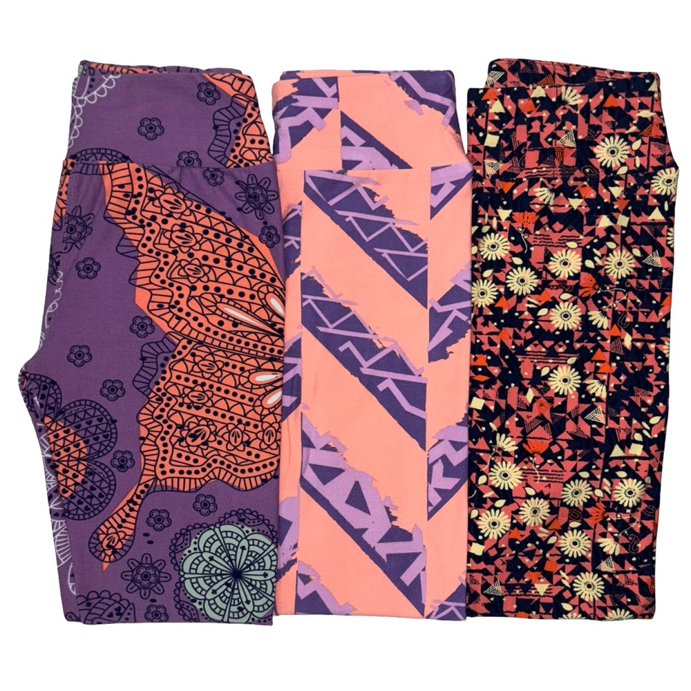 Lot of 3 LuLaRoe Leggings Size OS Peach Purple Cream Pink Mint Green Butterfly